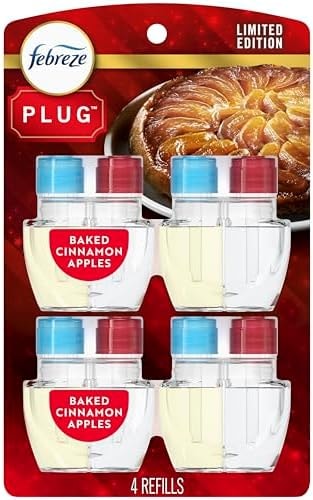Febreze Plug-In Air Freshener, Odor-Fighting Scented Oil Refill for Home, Bathroom & Kitchen, Holiday Baked Cinnamon Apples Scent, 0.87 oz Refills, 4 Count