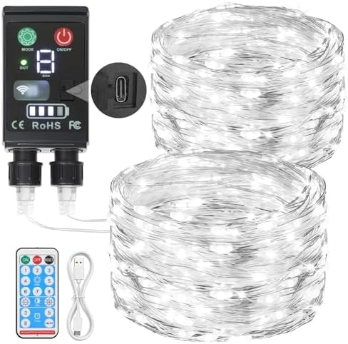 Lakumu 2-in-1 Rechargeable Fairy Lights, 66FT 200 LED Cool White Waterproof String Lights with Remote Timer, Battery Operated Twinkle Lights for Indoor Outdoor Bedroom Camping Christmas Decorations