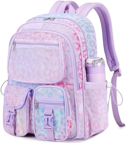 MOONBABY Mesh Backpack Heavy Duty See Through Net Bookbag Semi-Transparent Net Back Pack for Beach, Swimming, Sports, Work, Travel (Purple Leopard)