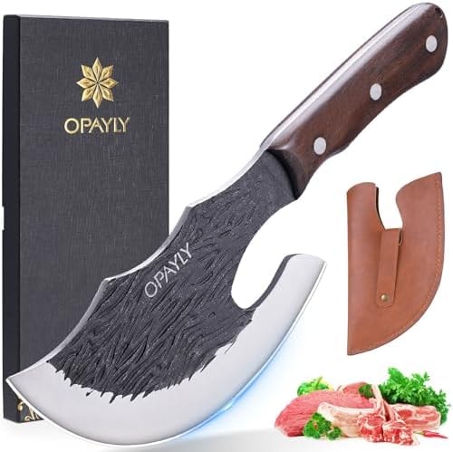 OPAYLY Butcher Meat Cutting Cleaver Knifes Hand Forged Viking Cleaver with Cover Meat Bone Kitchen Knifes High Carbon Bone Choppe for Kitchen Outdoor Camping BBQ men gifts