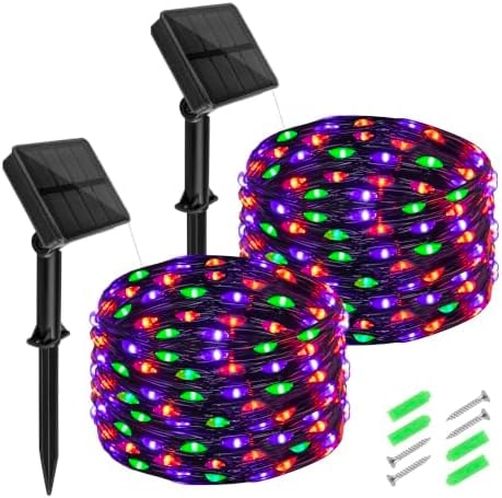 cshare Halloween Solar Fairy Lights 2 Pack 16.4FT 50LED Each, Orange Purple Green Halloween Lights Waterproof Outdoor Black Wire String Lights for Yard Porch Garden Fence Tree Decor