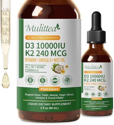 2 Pack Organic Vitamin D3 K2 Liquid 10000 IU w/ Vegan Omega-3 & Coconut MCT Oil - Maximum Strength Vitamin D Supplement, No Fillers, Non-GMO K2 as MK7 for Bones, Muscles & High Absorption-2 Fl Oz