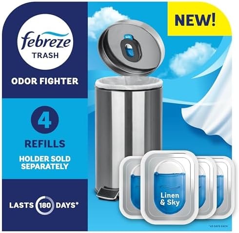Febreze Trash Odor Fighter, Trash Can Air Freshener, Stick-On Deodorizer for Garbage Cans, Diaper Pails, Works with Scented Trash Bags, Linen & Sky Scent, 4 Refills (Holder Sold Separately)