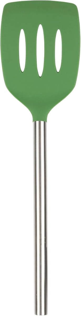 Tovolo Slotted Silicone Spatula Turner Slotted Stainless Steel Handle 10" Pesto Green Heat Resistant Non Toxic BPA Free Kitchen Utensil, Silicone Egg Pancake Flipper Metal Handle Turner for Cooking