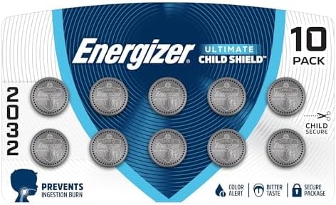 Energizer Ultimate Child Shield CR2032 Batteries (10 Pack), 3V Lithium Coin Batteries, Compatible with Apple AirTag and Tile Pro Devices, Key Fobs, Watches and More