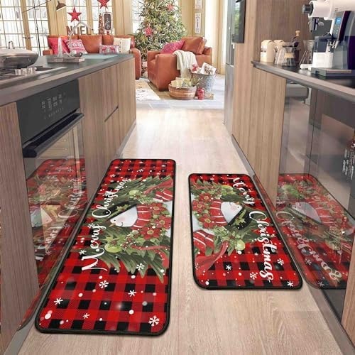 flippana 2 Pcs Christmas Kitchen Rugs and Mats for Floor Non-Slip Backing Mat Merry Christmas Kitchen Decor Anti Fatigue Kitchen Rug Sets with Runner Xmas Decor (Snowman, 17"x47.2"+17"x30")