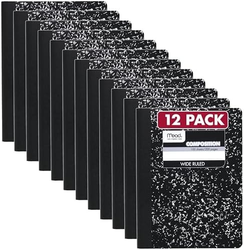 Mead Composition Notebook, Wide Ruled Paper, 7.5" x 9.75", 100 Sheets, Black Marble, 12 Pack (72936)