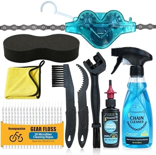 Venugopalan Bike Cleaning Kit Including Bicycle Chain Cleaner Degreaser, Chain Scrubber, Cycling Chain Lube, Cleaning Brush Tool, Gear Floss for Mountain Bike/MTB, Road Bike, Ebike and Trail Bikes
