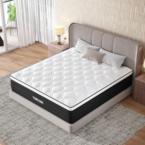 TEMESINE King Size Mattress, 14 Inch Hybrid Mattress in a Box with Individual Pocket Spring, Gel Memory Foam and Euro Top, Medium Firm Feel with Motion Isolation, Pressure Relief, Edge Support,Black