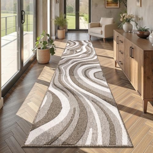Yamaziot Washable Hallway Runner Rug 2x8 – Non Slip Modern Abstract High-Low Textured Kitchen Runner Rug, Boho Carpet Runner for Kitchen, Entryway, Bedroom, Laundry, Hallway, Beige Brown & White