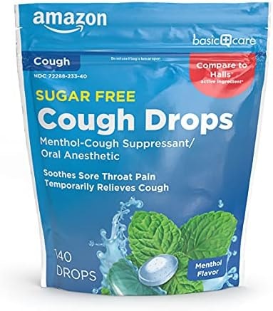 Amazon Basic Care Sugar Free Menthol Cough Drops for Sore Throat Relief, Diabetic-Friendly, 140 Count