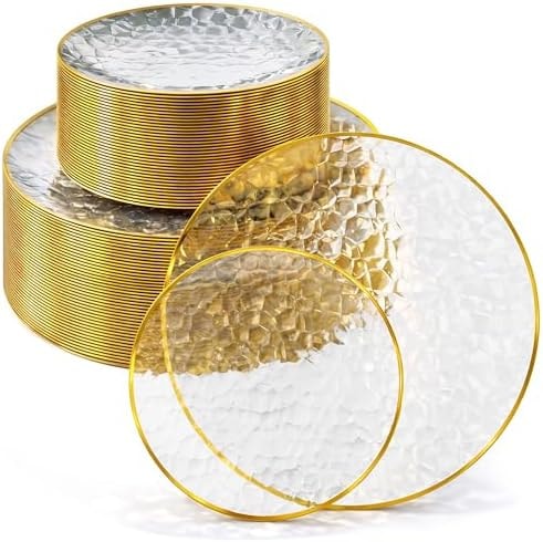 Stock Your Home Clear Disposable Plates with Gold Rim (60 Pack) Elegant Hammered Party Plates, 30 Dinner & 30 Dessert Plates for Weddings, Holidays & Special Events