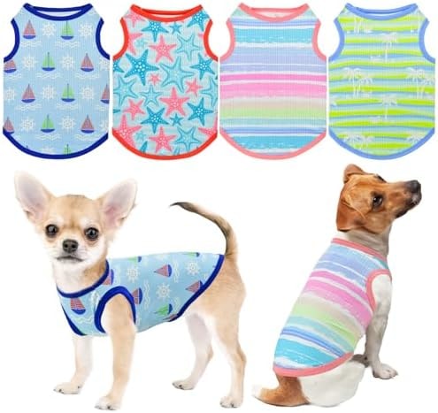 LyssKMK 4-Pack Dog Cooling Shirts: Small/Medium Dog Summer Tank Tops, Quick Dry, Breathable, Stylish Beach Patterns