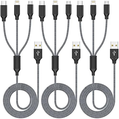 Xnewcable Multi Charging Cable 4ft 3Pack 3 in 1 Charger Cord, Multiple Rapid Nylon Braided Cable USB Charging Cable Multi Phone Charger Cord with Type C Micro Lightning USB Connectors for Cell Phones