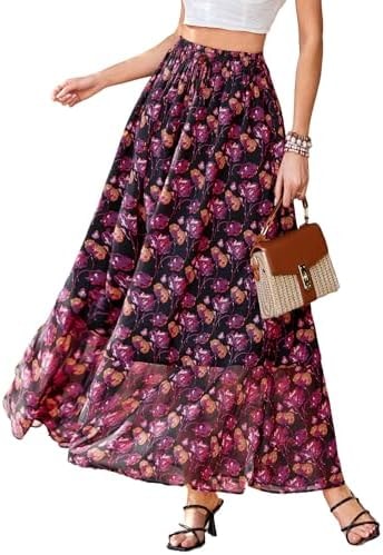 PRETTYGARDEN 2026 Summer Maxi Long Skirts for Women Trendy Boho Floral High Waisted Slit Flowy Travel Beach Vacation Clothes (Floral Black Rose Red,Medium)