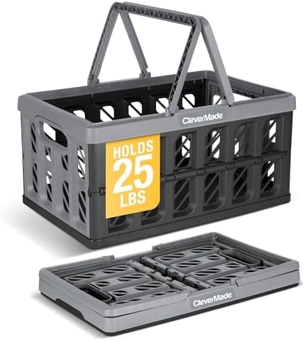 CleverMade Collapsible Shopping Basket, 24L Storage Crate, 1 Pack, Stone