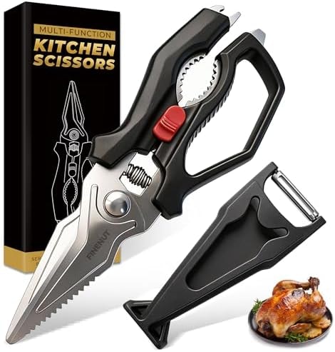 FINENUT Heavy Duty Kitchen Scissors with Peeler Sheath - Spring Loaded Poultry Shears for Chicken, Meat & Fish - Multipurpose Food Scissors with Safety Lock & Non-Slip Handle, Dishwasher Safe