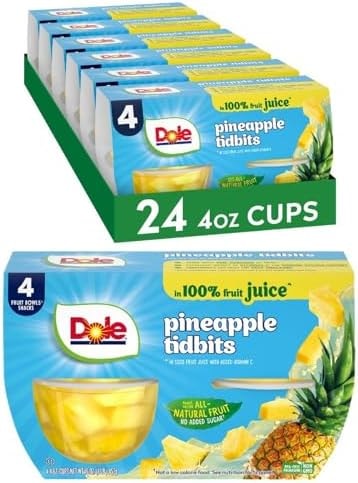 Dole Fruit Bowls Pineapple Tidbits in 100% Juice Snacks, 4oz 24 Total Cups, Gluten & Dairy Free, Bulk Lunch Snacks for Kids & Adults