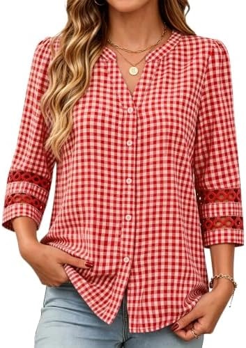Funlingo 3/4 Length Sleeve Womens Tops V Neck Lace Plaid Button Down Shirts