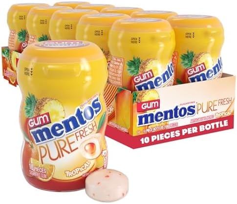 Mentos Pure Fresh Sugar‑Free Chewing Gum with Xylitol, Tropical, Mini Nano Bottles, Miniature Pack Size, 10 Pieces (Pack of 10)