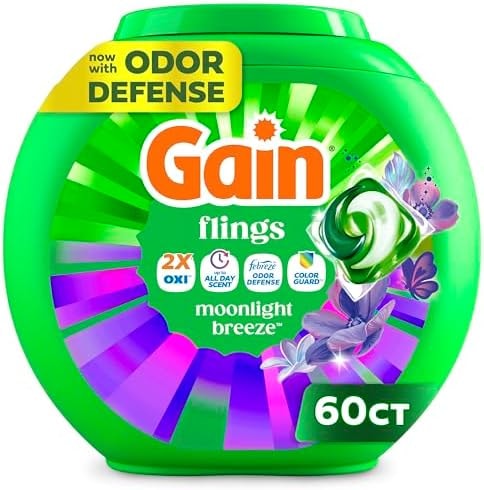 Gain Flings Liquid Washing Detergent Pacs with Odor Defense + Color Guard, Moonlight Breeze Scent, 4-In-1 Liquid Laundry Detergent Pods, Clean & Fresh, 60 Count (Packaging May Vary)