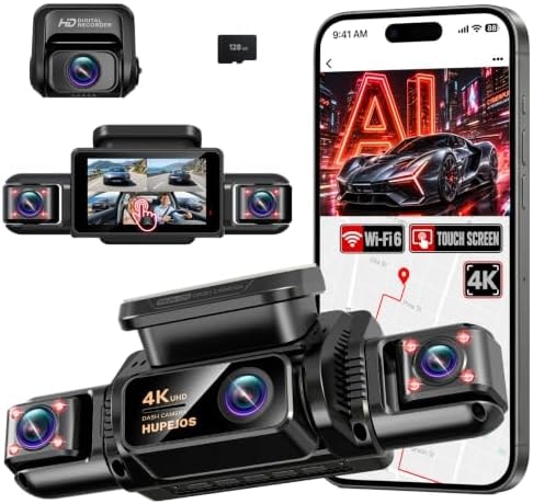 HUPEJOS 4K 360° View Dash Cam Front and Rear, 4 Channel Camera for Cars