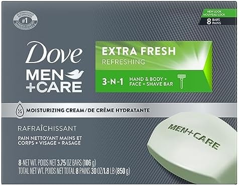 DOVE MEN + CARE 3 in 1 Bar Cleanser for Body, Face, and Shaving Extra Fresh Body and Facial Cleanser More Moisturizing Than Bar Soap to Clean and Hydrate Skin 3.75 Ounce (Pack of 8)