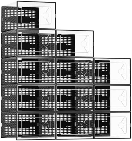 DUMOS Shoe Storage Boxes, 12-Pack Stackable Clear Shoe Containers with Lids, Display Sneaker Case Organizer for Closet, Under Bed, Entryway, Black, Fit Size 11