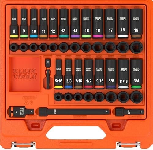 Klein Tools 65148HD KNECT Deep-Well and Shallow Impact Socket Set, 3/8-Inch Drive, SAE and Metric, 44-Piece Tool Set, Impact Driver, Swivel Adapter, Wrench Extensions, Removable Socket Organizer