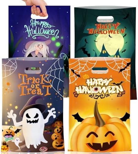 50 Pcs Halloween Goodie Bags with Handles - Happy Halloween Treat Bags, Trick or Treat Gift Bag Bulk, Plastic Helloween Tote Candy Goody Favor Bags for Kids Helloween Party Decorations Favors Supplies