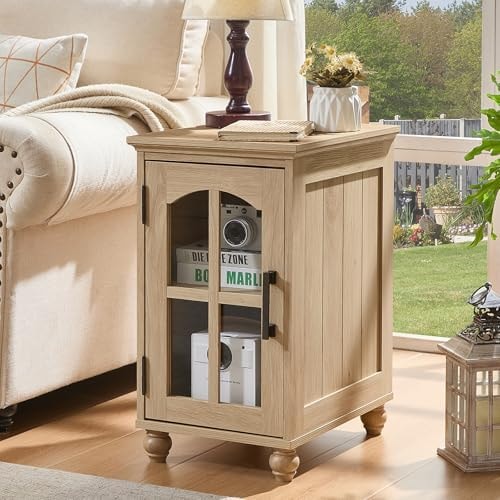 RWYHG Narrow Side Table, Farmhouse Nightstand with Charging Station