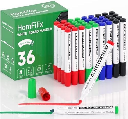 HomFilix White Board Markers Dry Erase 36 Pack Bulk, 2 mm Fine Bullet Tip, Low-Odor Plant-Based Ink, 4 Colors for Classroom, Office & Home Use | Premium Dry Erase Marker Set