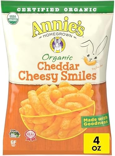 Annie's Organic Cheddar Cheesy Smiles, Baked Corn Puffs, Gluten Free, 4 oz