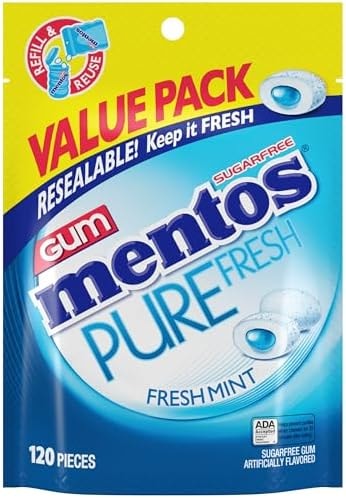 Mentos Pure Fresh Sugar Free Gum With Xylitol, Fresh Mint, 120 Piece Bag