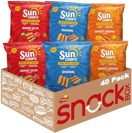 SunChips 100% Whole Grain Chips, Variety Pack, 1 oz Bags, Pack of 40, No Artificial Flavors, Colors