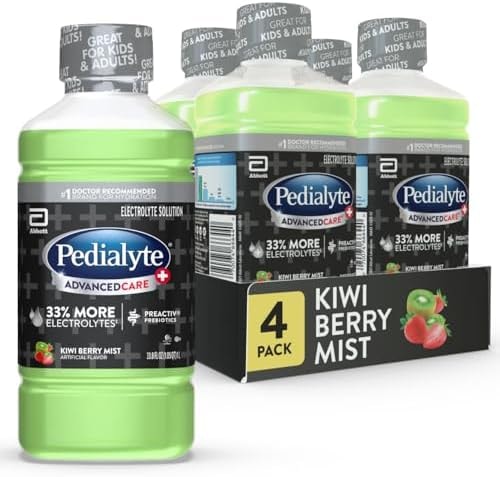 Pedialyte AdvancedCare Plus Electrolyte Hydration Drink, Has 33% More Electrolytes and Has PreActiv Prebiotics, Kiwi Berry Mist, 1 Liter, Pack of 4