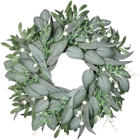 Vlorart 20 Inch Summer Wreath for Front Door, Artificial Outdoor Eucalyptus Wreath, Spring Green Wreaths for Front Door, Boxwood Wreaths with Berries and Olive Leaves for Outside All Year Round