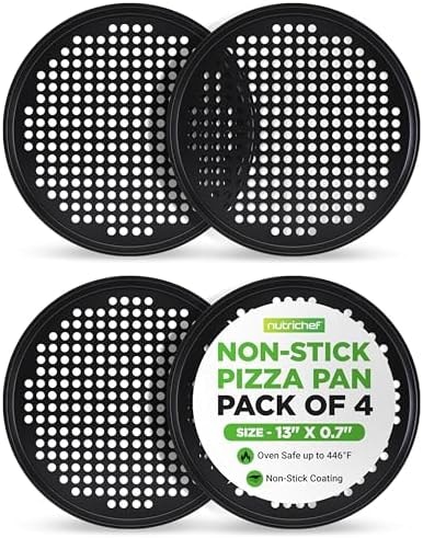 NutriChef 4-Pack 13’’ Non-Stick Pizza Pans, Round Pizza Pans for Oven, Commercial-Grade Carbon Steel, Non-Stick Gray Coating, Ideal for Baking Pizza, Cookies and More, Dishwasher Safe