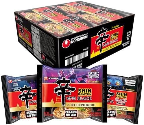 Nongshim Shin Ramyun Black Noodles, Spicy Korean Signature Instant Ramyun, Rich Beef Bone Broth, Pantry Essential Korean Noodles, Quick and Easy, 4.58 oz (Pack of 16)
