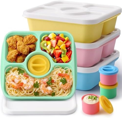 Sunhanny Bento Snack Box Containers, Kids Adults Bento Lunch Box Containers, 4 Pack Meal Food Prep Containers Reusable with Lids, Divided Food Storage Containers with Sauce Cups, Pastel Color