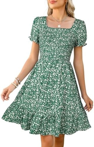 Lyrur Women's Floral Square Neck Smocked Knee Length Summer Dress