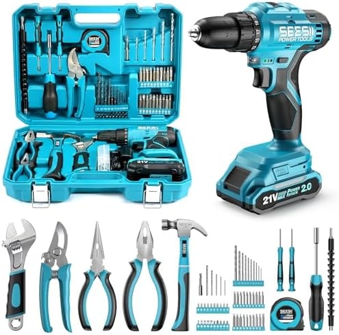 Seesii 21V Cordless Drill Tool Kit - 190Pcs Power Tool Combo Set, Hand Tool Kit with Toolbox, Electric Drill Driver for Home Hand Repair DIY