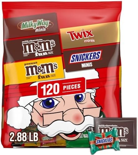 M&M'S Milk Chocolate, M&M'S Peanut, SNICKERS, TWIX, MILKY WAY Christmas Candy Individually Wrapped Stocking Stuffers Variety Pack, Mixed Chocolate Candy Assortment Bag Bulk, 120-Piece