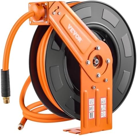 VEVOR Retractable Air Hose Reel, 1/2 IN x 50 FT Hybrid Air Hose Max 300PSI, Air Compressor Hose Reel Auto-Rewind with 5FT Lead in, Ceiling/Wall Mount Heavy Duty Single Arm Steel Reel, 1/2" NPT Fitting