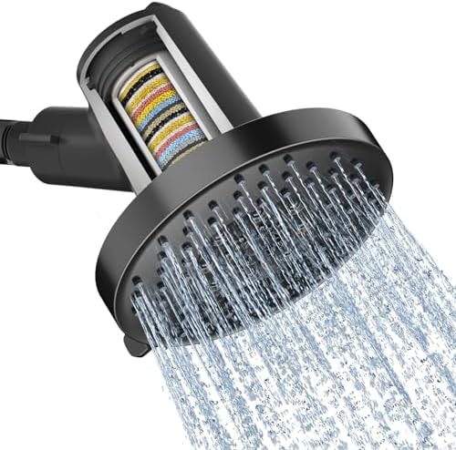 SR SUN RISE Filtered Shower Head with Filters,High Pressure Rain Shower Head,20-Stage Shower Filter,1.8/2.5 GPM Flow Rate,6 Spray Modes for Hard Water Softener,Remove Chlorine (Black,5.5 Inch)