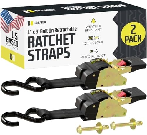DC Cargo Mall Bolt-on Auto Retractable Ratchet Straps (2-Pack) 1” x 9ft, Heavy Duty, 1,200lb Break Strength – Tie Down Straps for Boat, Jet Ski, RZR, ATV