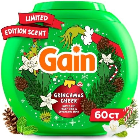 Gain Flings Liquid Washing Detergent Pods, Odor Defense + Color Guard, Grinchmas Cheer Scent, 4-In-1 Liquid Laundry Detergent Pacs, Clean & Fresh, 60 Count