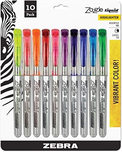 Zebra Pen, Liquid Zazzle Highlighter, Chisel Tip, Assorted Fluorescent Colors, Visible Ink Supply, Easy Glide Liquid Ink, Smooth Flow, for School or Office Use, 10-Pack (71111)
