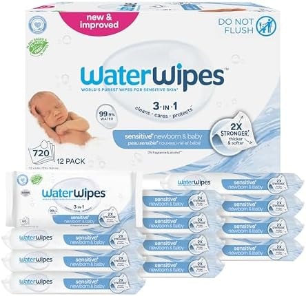 WaterWipes Sensitive+ Newborn & Baby Wipes, 3-In-1 Cleans, Cares, Protects, 99.9% Water, Unscented & Hypoallergenic, 720 Count (12 Packs)