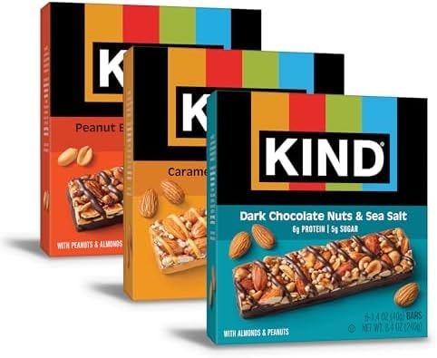 KIND Healthy Snacks Bars Variety Pack, Gluten Free, Low Sugar, High Fiber Snacks, Dark Chocolate Nuts & Sea Salt, Peanut Butter Dark Chocolate, Caramel Almond & Sea Salt, 6-7g Protein, 18 Count